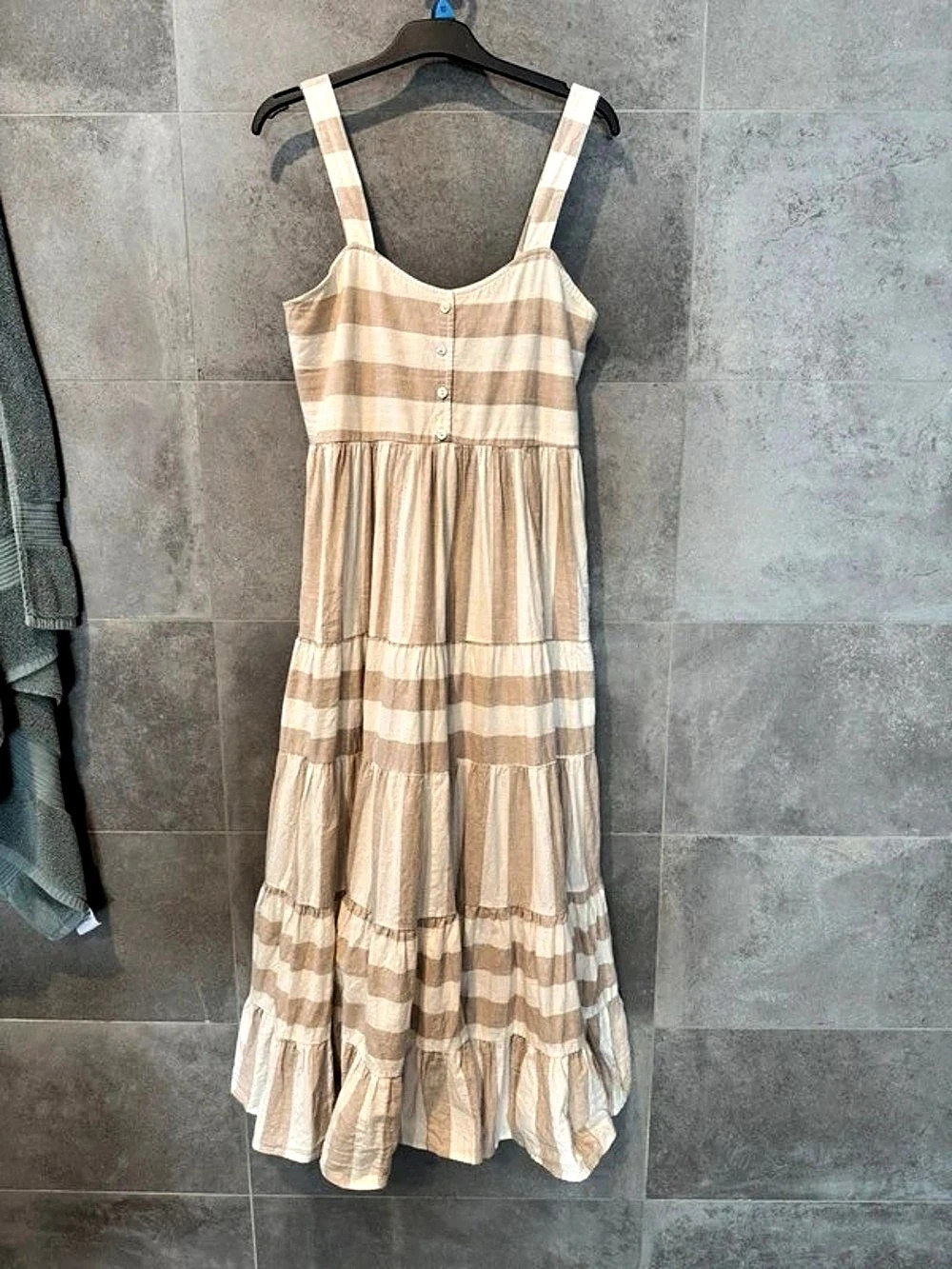 Striped Tiered Maxi Dress in Beige & White
